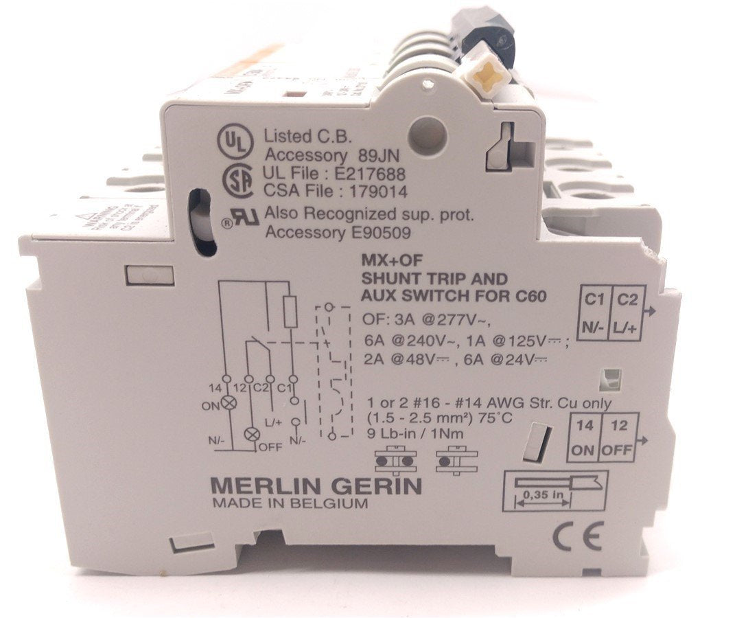 Used Merlin Gerin Multi9 C60 Circuit Breaker, 3 Pole, C-Curve, 50A, w/ MX+OF Switch