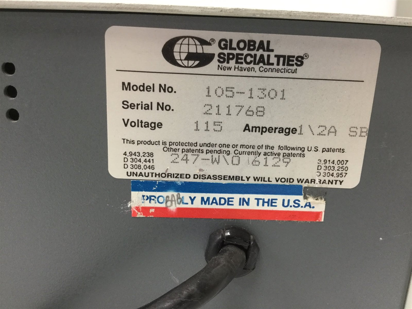 Used Global Specialties 1301A Power Supply, Input: 115VAC 0.5A, Output 5VDC 1.3-18VDC