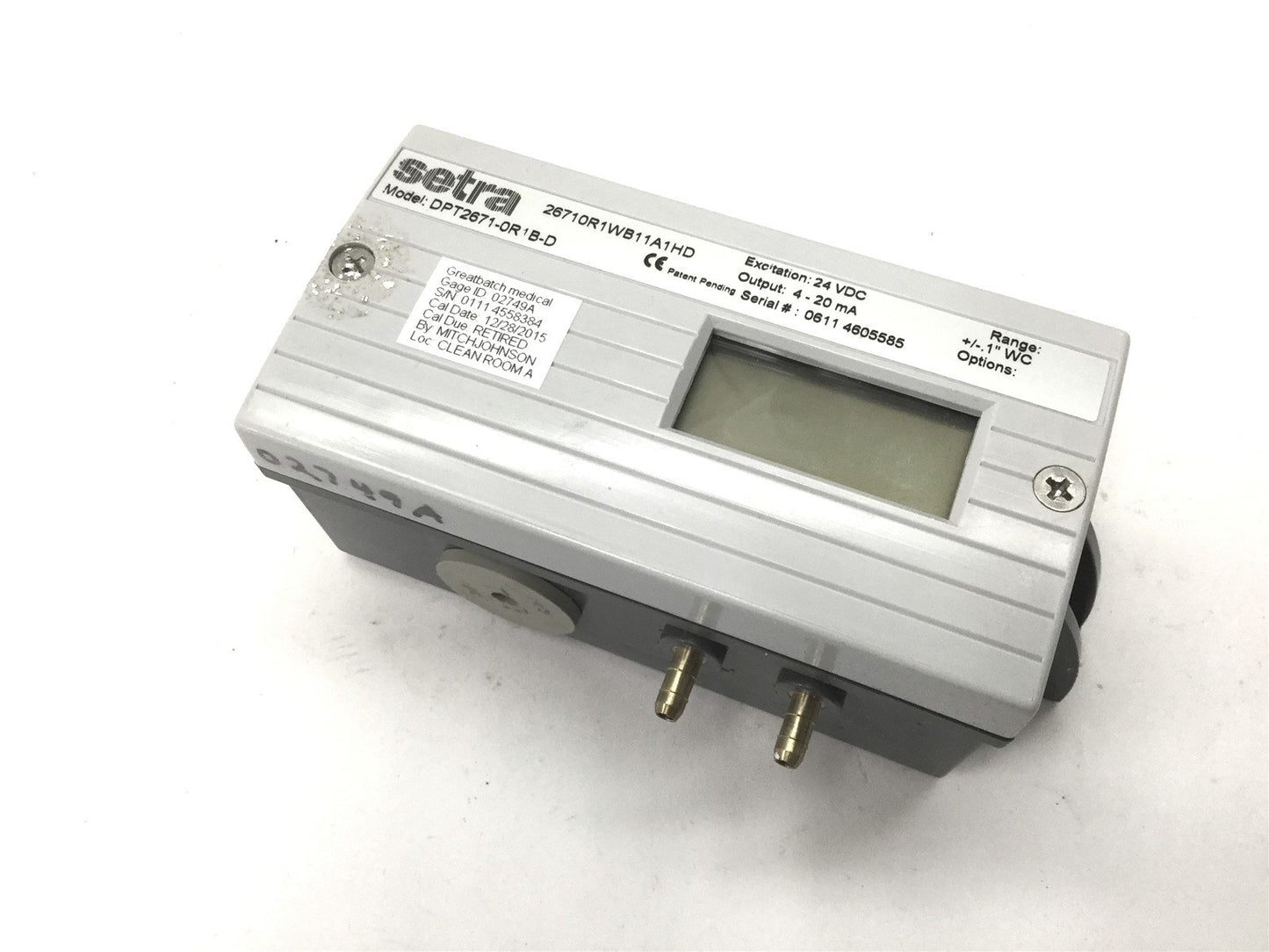 Used Setra DPT2671-0R1B-D Differential Pressure Transducer, Range: -0.1" to 0.1" WC