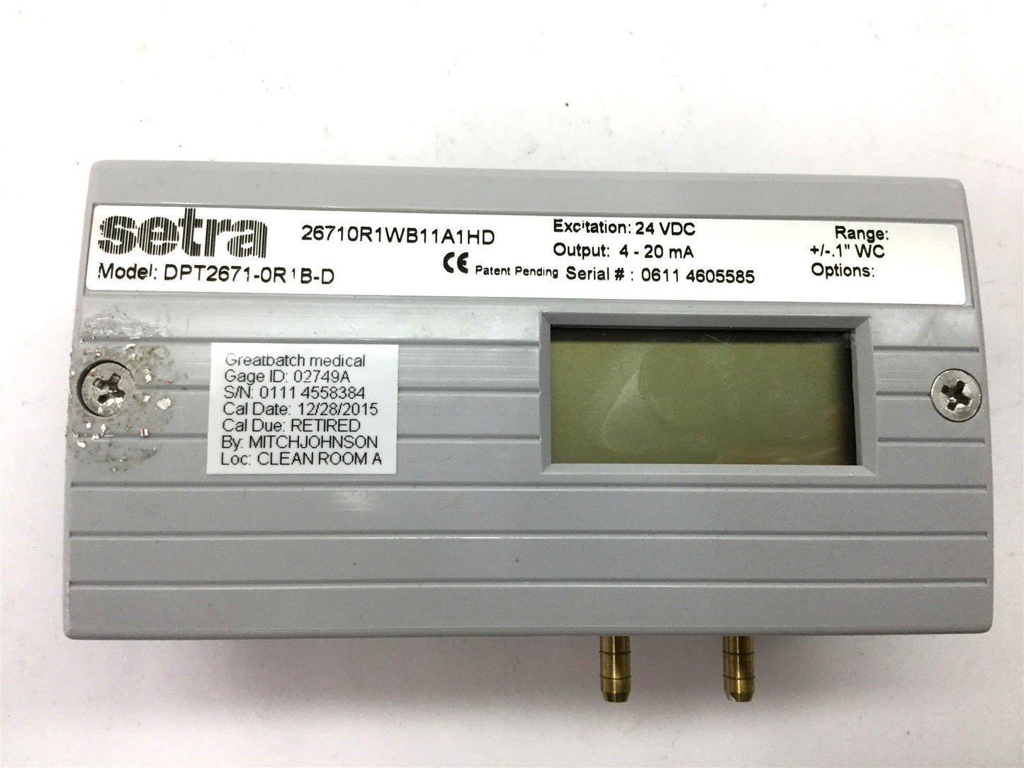 Used Setra DPT2671-0R1B-D Differential Pressure Transducer, Range: -0.1" to 0.1" WC