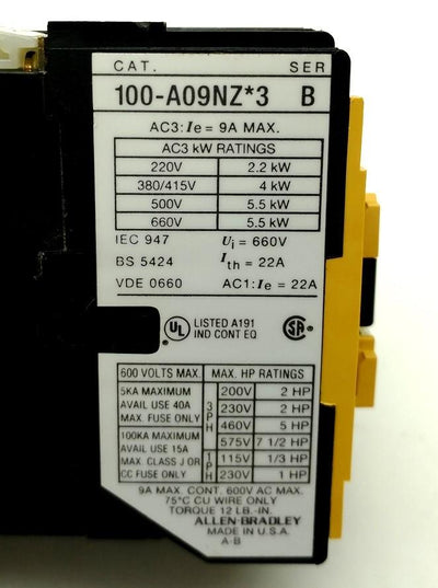 New Allen Bradley 100-A09NZ123 Magnetic Contactor, 3-Pole, 12VDC Coil, 600VAC 9A