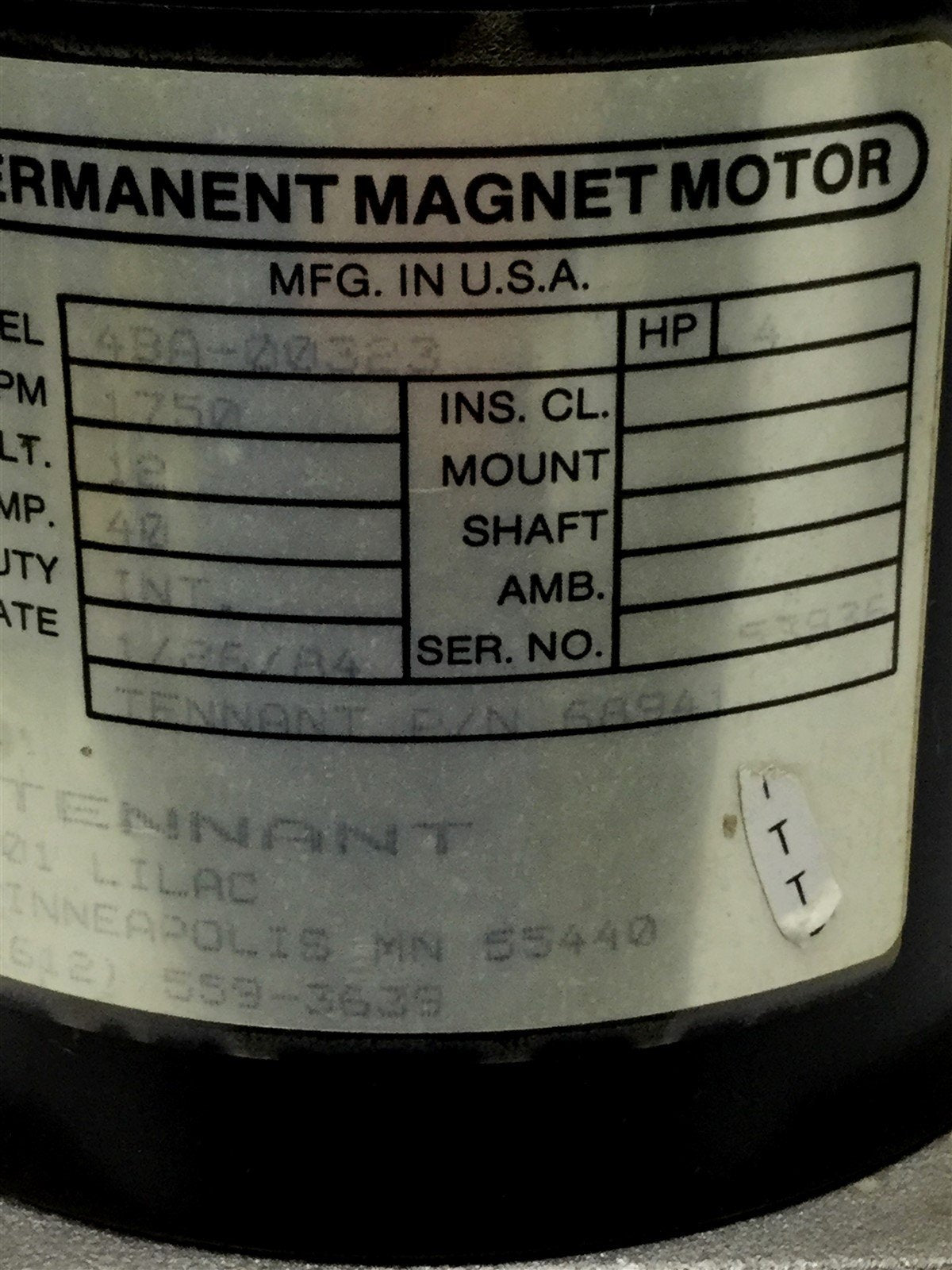 Used Tennant 4BA-00323 Permanent Magnet Motor 12VDC 40A 0.4HP, 1750RPM