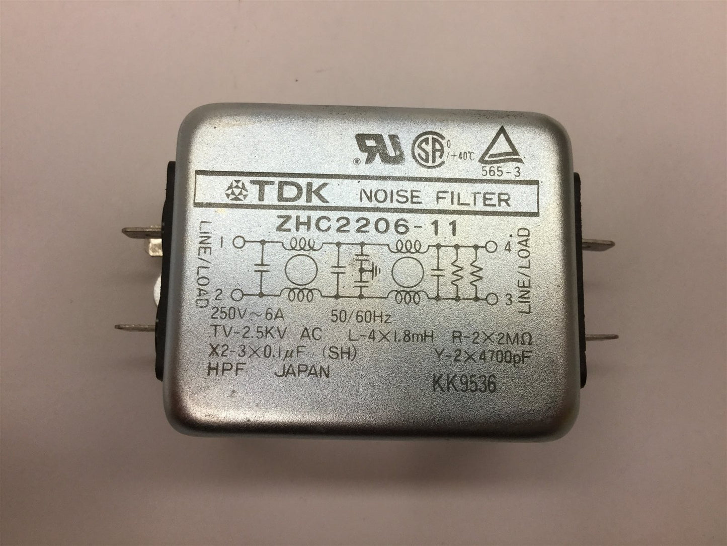 Used TDK ZHC2206-11 Noise Filter, Rating: 250VAC 6A 50/60Hz, High Pot: 2.5kVAC