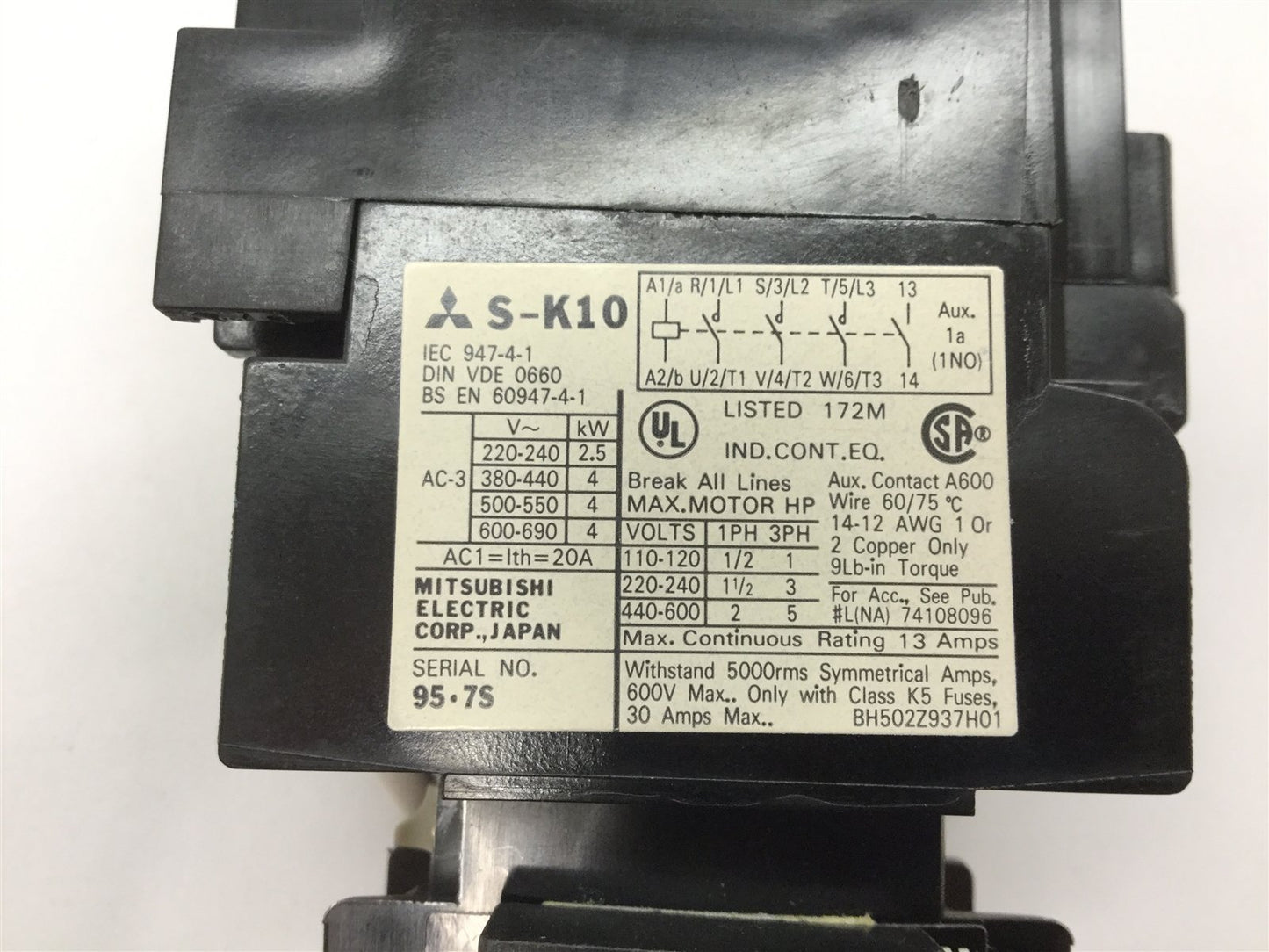 Used Mitsubishi S-K10 Contactor, 3-Pole with N/O Aux, with UA-AX2 Auxiliary Block