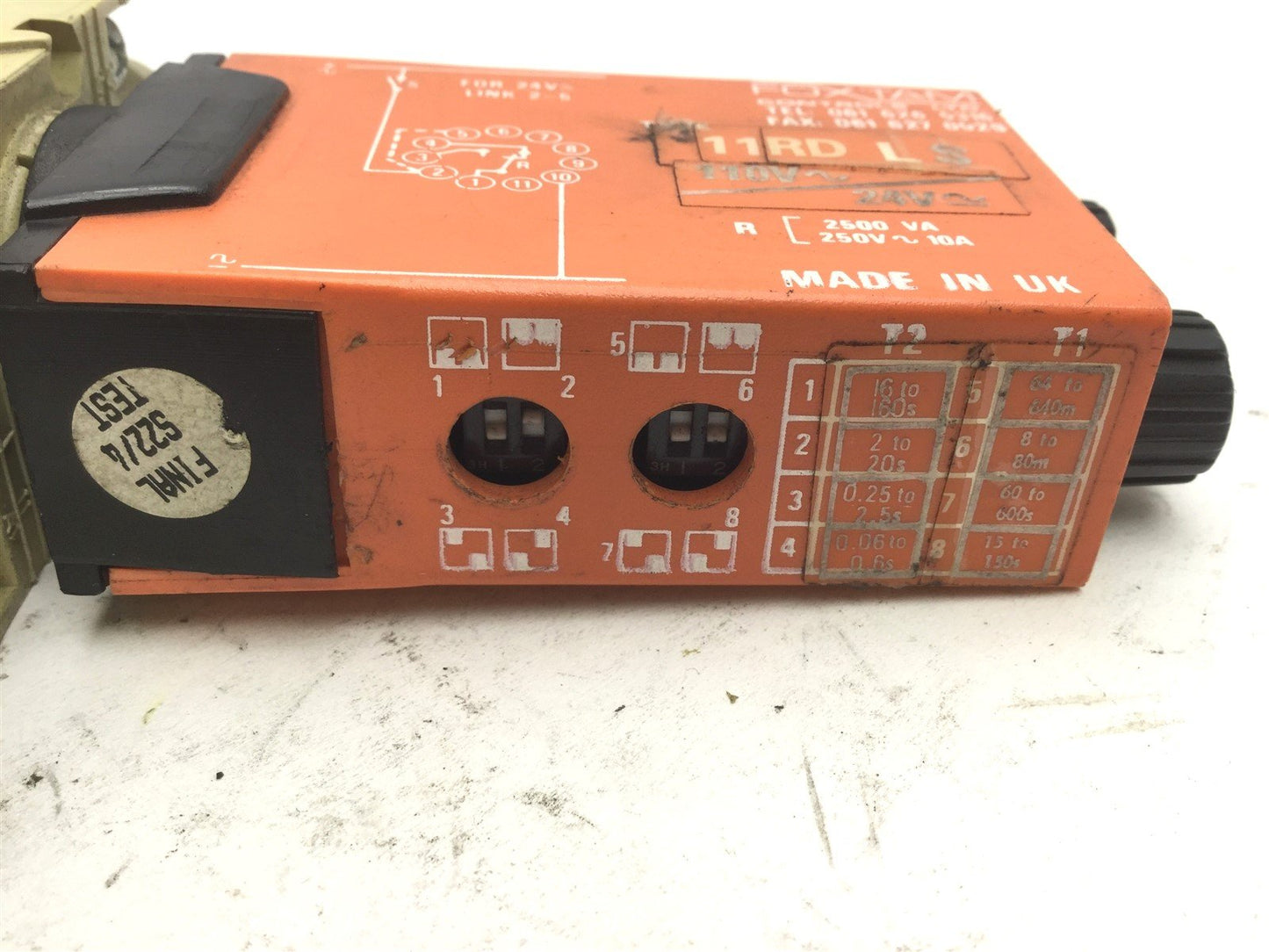 Used Foxtam 11RD LS Time Delay On Relay, Coil: 24VAC, Contacts: 110VAC, 1-100S