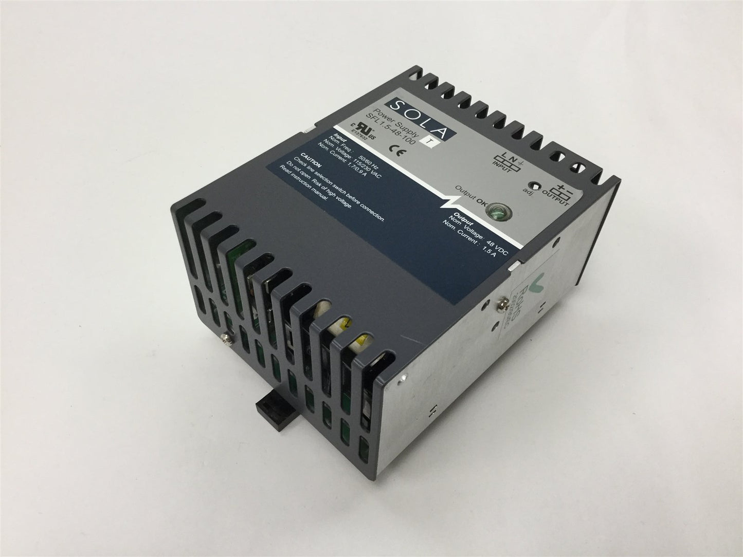 Used Sola SFL 1.5-48-100 DIN Rail Mount Power Supply 115/230VAC In, 48VDC 1.5A Output