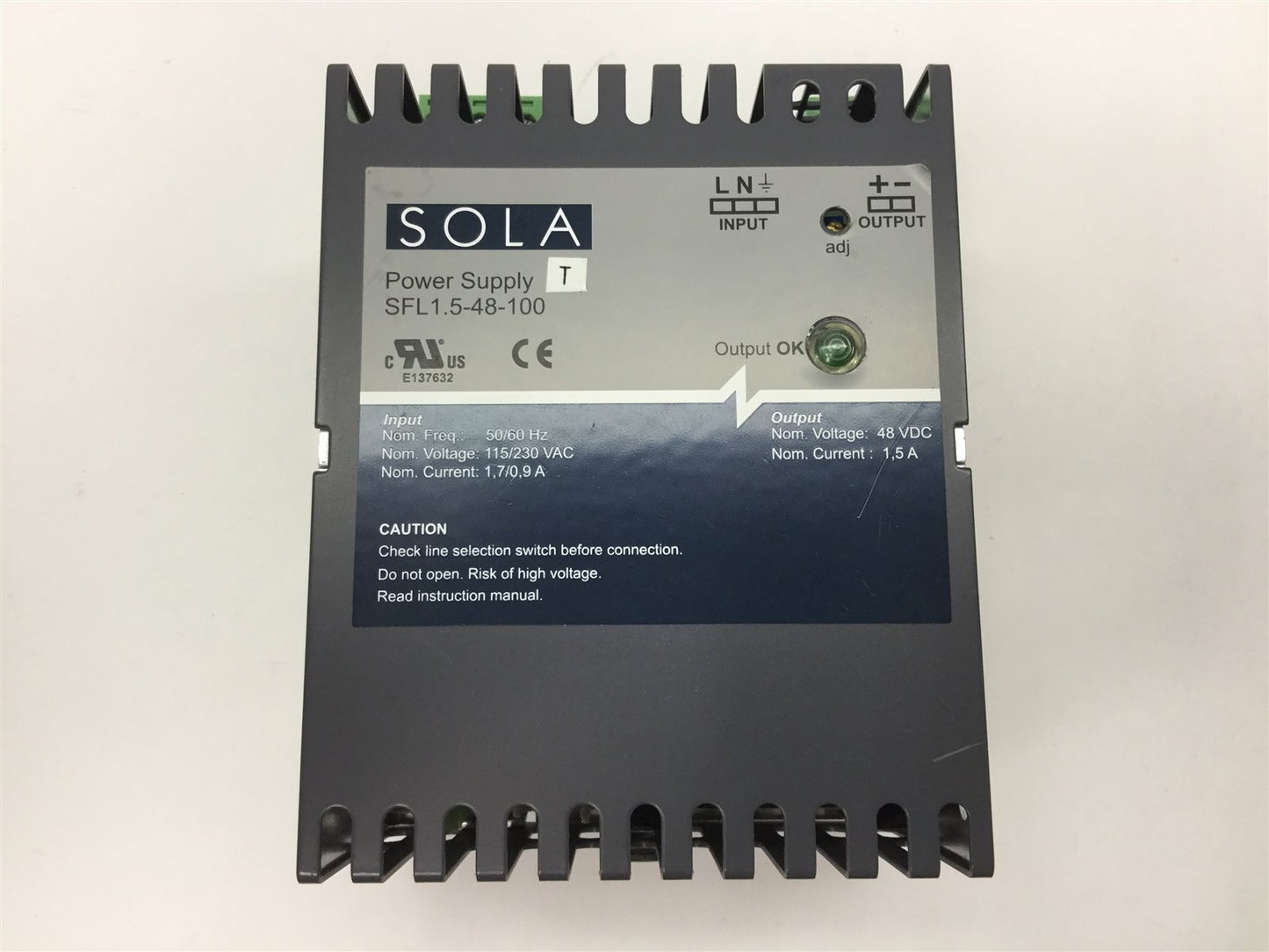 Used Sola SFL 1.5-48-100 DIN Rail Mount Power Supply 115/230VAC In, 48VDC 1.5A Output