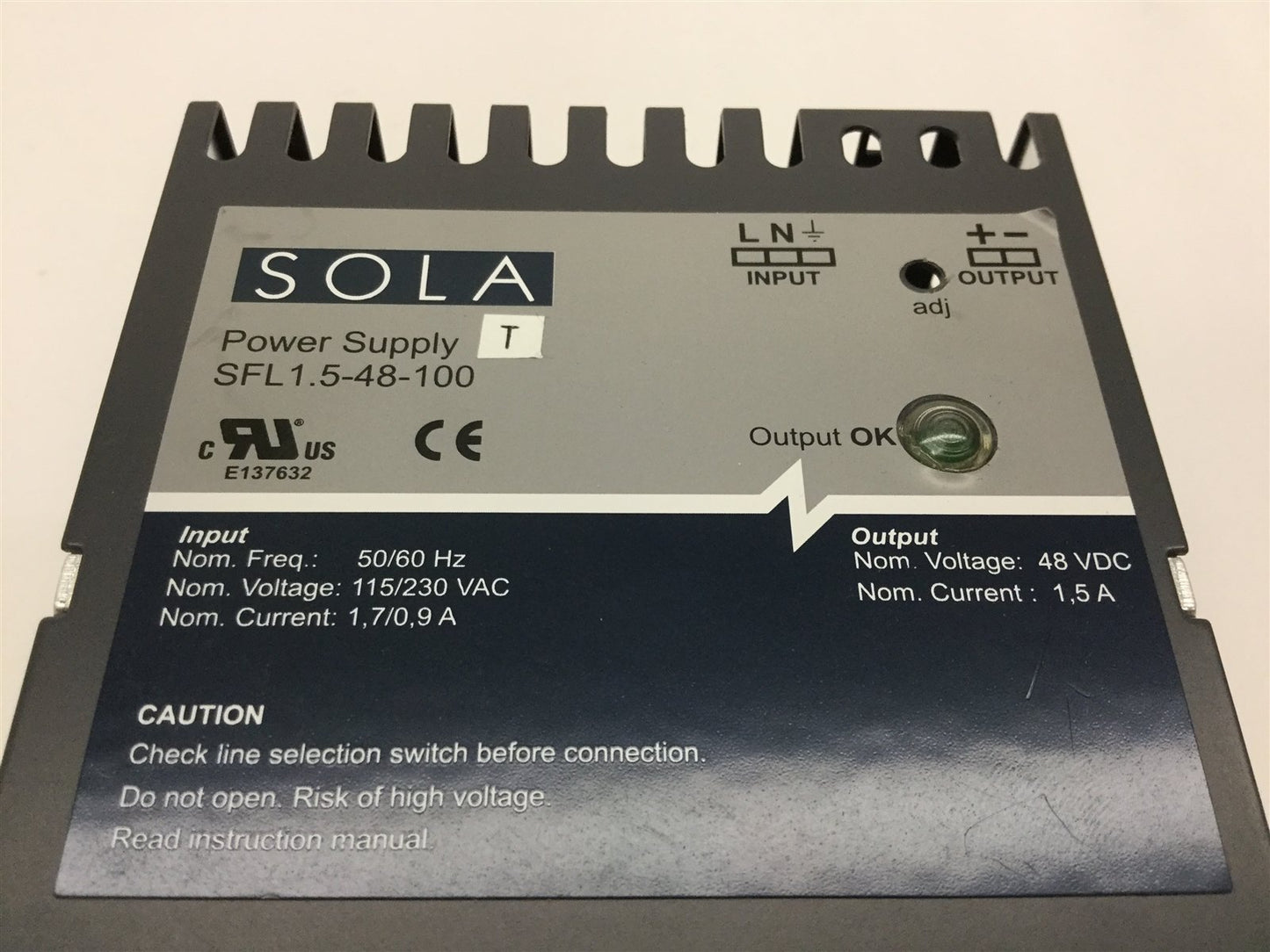Used Sola SFL 1.5-48-100 DIN Rail Mount Power Supply 115/230VAC In, 48VDC 1.5A Output