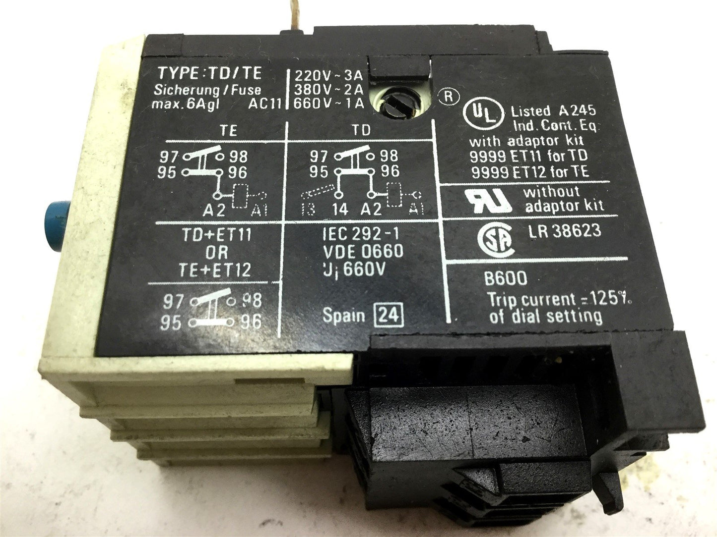 Used Square D TD1,8 Overload Relay, Contacts: 240-600VAC, Amperage Range: 1.8-2.6A