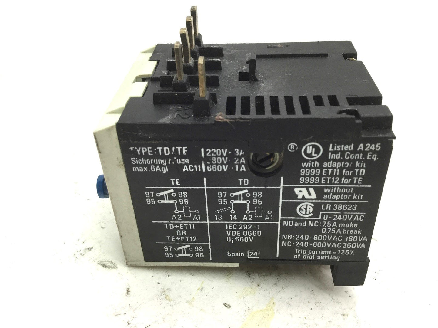Used Square D TD0,23 Overload Relay, Contacts: 240-600VAC, Amperage Range: 0.23-0.36A