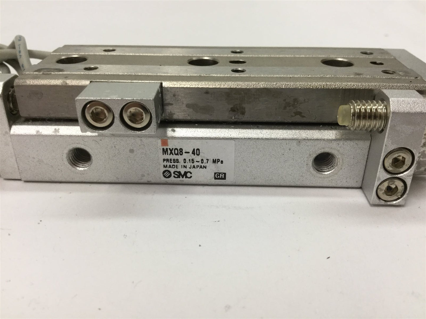 Used SMC MXQ8-40 Pneumatic Slide Table, Stroke: 40mm, Bore: 8mm, W/ 2x D-M9P Sensors