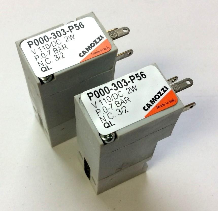 Used Lot of 2 Camozzi P000-303-P56 Mini-Solenoid Valves 3/2-Way NC 0-7 Bar, 110VDC QL