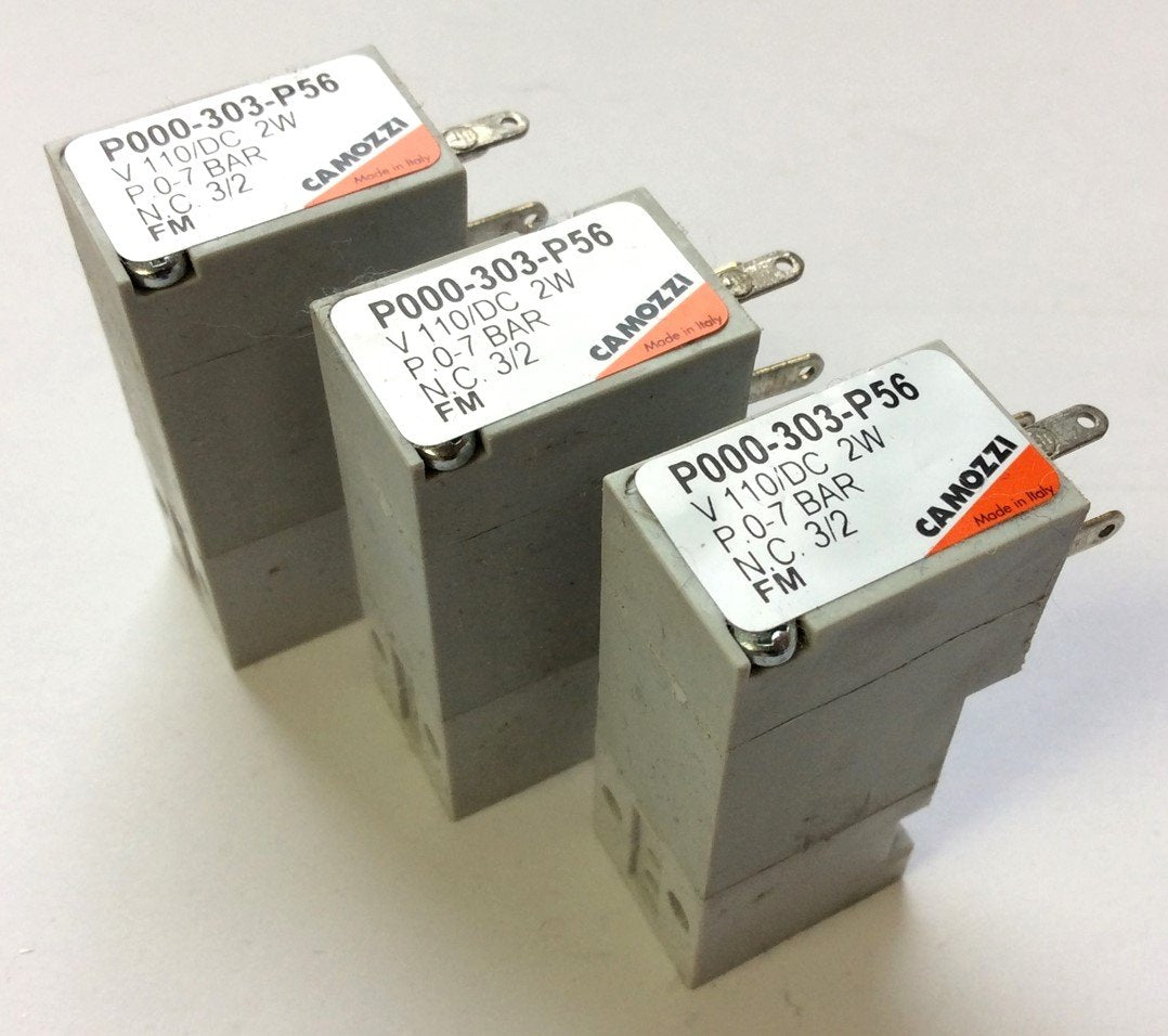 Used Lot of 3 Camozzi P000-303-P56 Mini-Solenoid Valves 3/2-Way NC 0-7 Bar, 110VDC FM