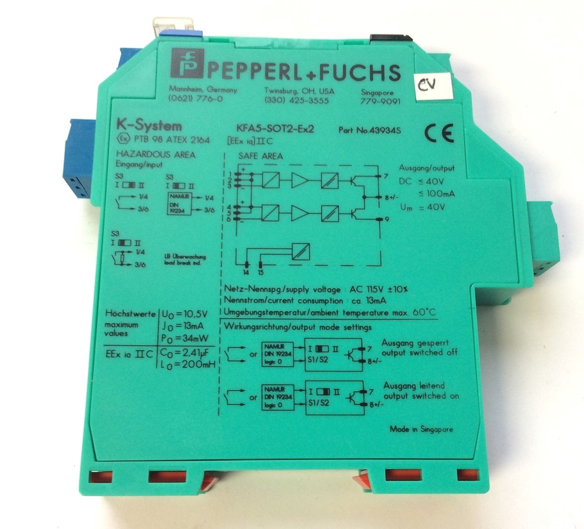 Used Pepperl+Fuchs KFA5-SOT2-Ex2 Switch Amplifier 115VAC Supply, 2-Channel, 40VDC Out