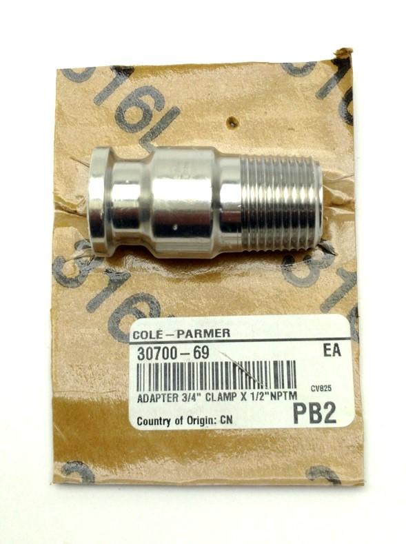 New Cole-Parmer 30700-69 Sanitary Adapter 3/4" Clamp to 1/2"NPT Male Stainless Steel