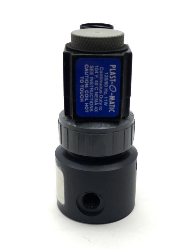 Used Plast-O-Matic EAST2V8W11-PV 2-Way Solenoid Valve, NC, 70PSI, 1/4"NPT, 120VAC