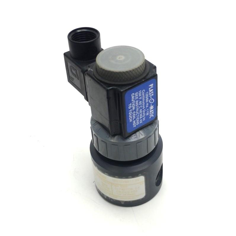 Used Plast-O-Matic EAST2V8W11-PV 2-Way Solenoid Valve, NC, 70PSI, 1/4"NPT, 120VAC