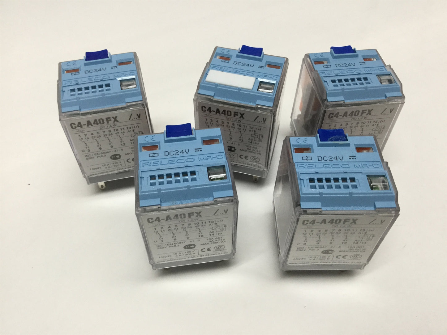 Used Lot of 5 Releco C4-A40FX Non-Latching Plug-In Power Relays, 4-Pole, Coil: 24VDC