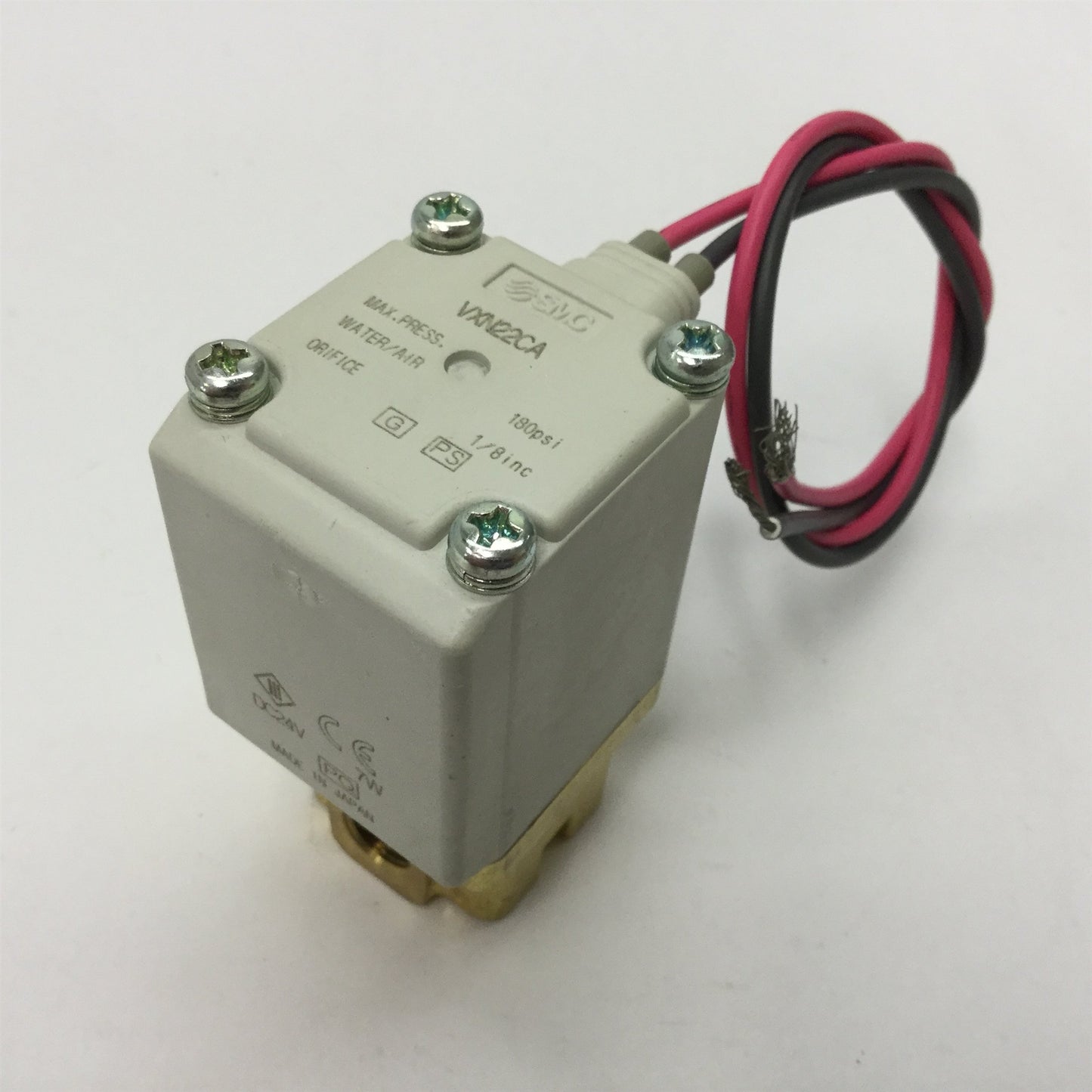 Used SMC VXN22CA 2-Way Valve, Solenoid: 24VDC 7W, Pressure: 180psi, Orifice: 1/8"