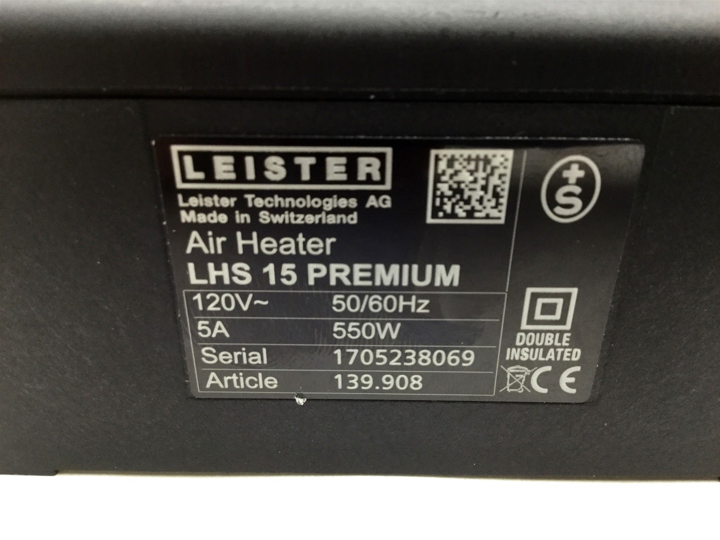 Used Leister LHS 15 Premium Air Heater Voltage: 120VAC 50/60Hz Power: 550W No Element