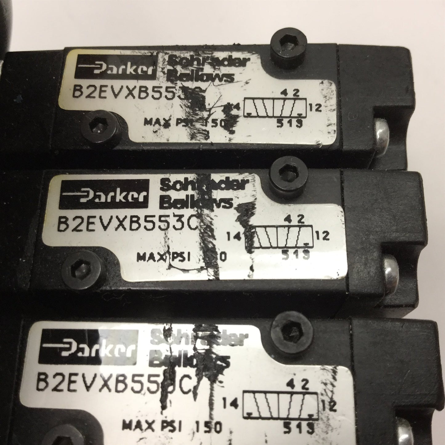 Used Lot of 3 Parker B2EVXB553C Solenoid Valves, 2-Position 5-Port, Pressure: 150psi