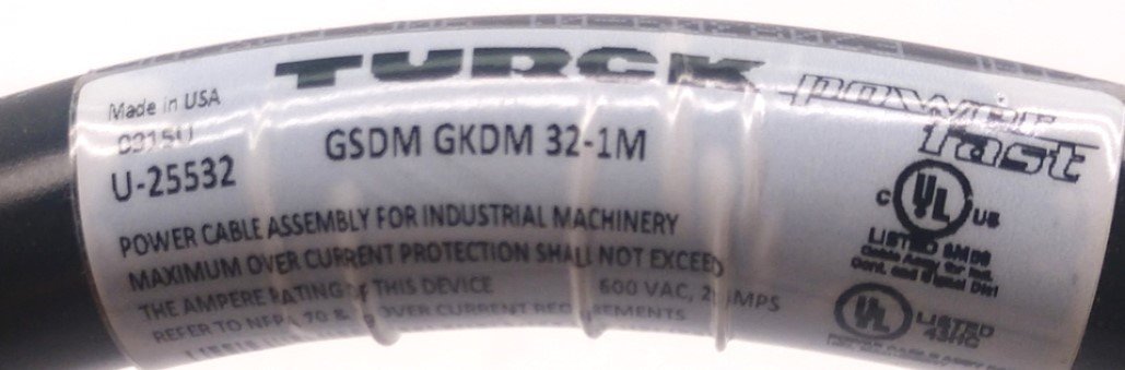 Used Turck GSDMGKDM32-1M/U-25532 3x12 AWG Black TPE Cable 3 Pole to 3 Pole F Straight
