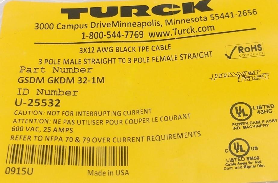 New Turck GSDMGKDM32-1M/U-25532 3x12 AWG Black TPE Cable 3M to 3F Pole Straight