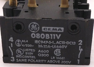 New General Electric 080B11V CEMA Contact Block Screw Terminal, 1NO-1NC, 10A, 660VAC