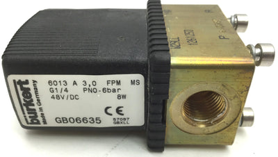 Used Burkert 6013 PN0-6BAR Solenoid Valve Fluid/Gas, Voltage: 48VDC, Ports: 1/4" NPT