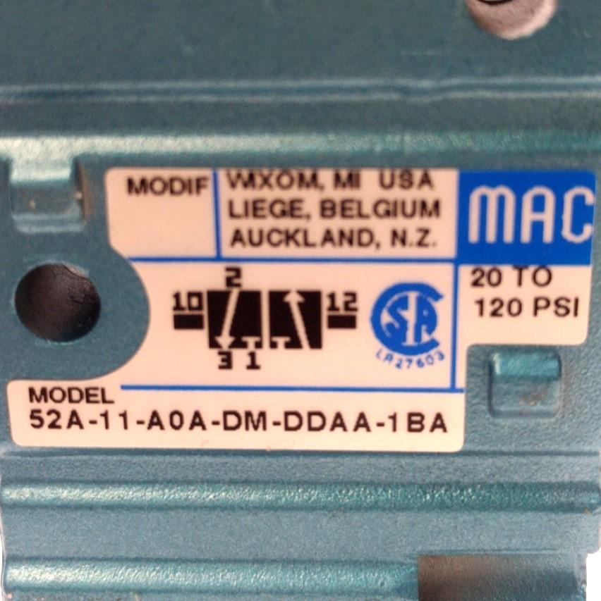 Used MAC 52A-11-A0A-DM-DDAA-1BA 3-Way Spool Valve, 20-120PSI, 1/8"NPT * No Solenoid*