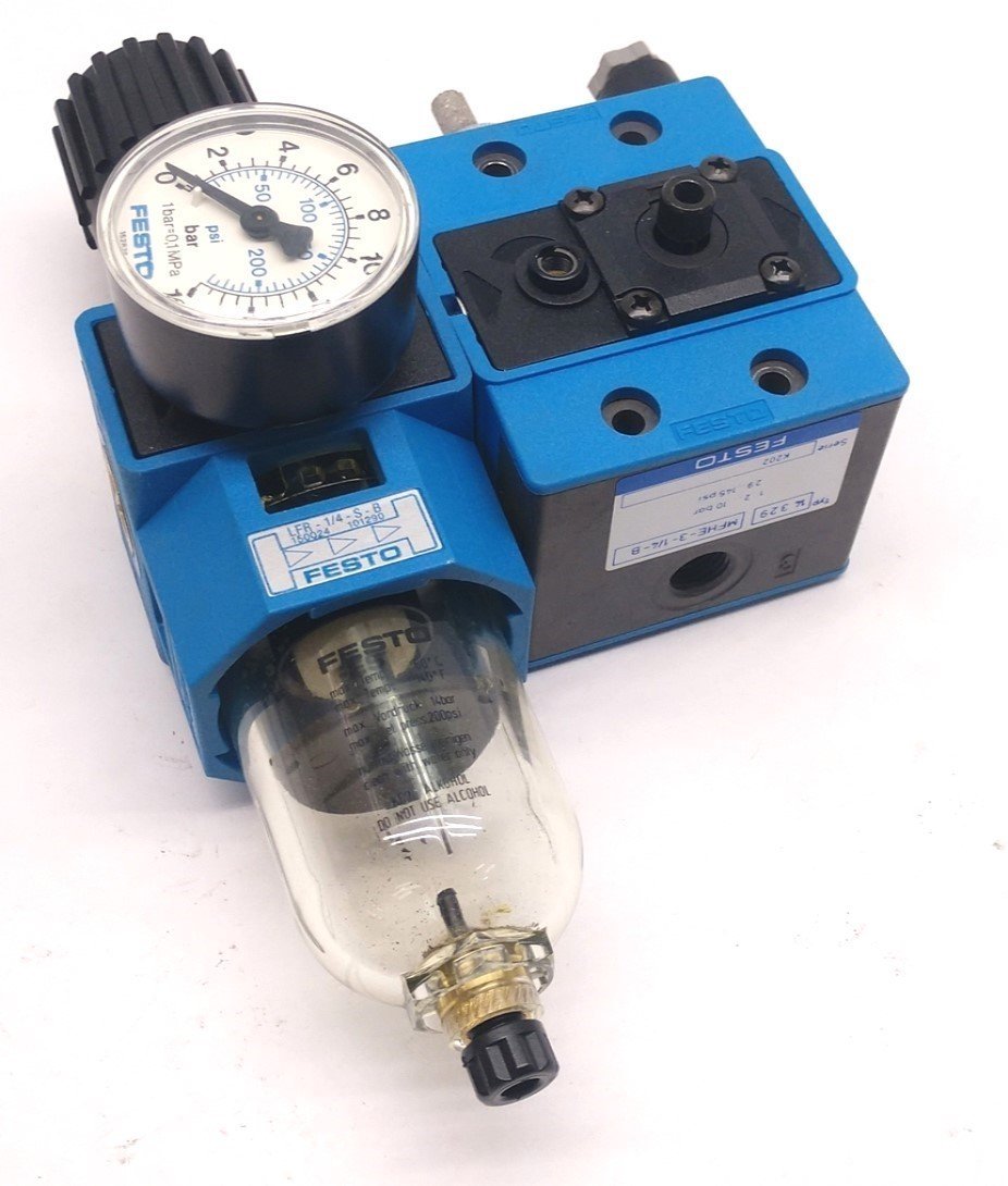 Used Festo 14329 MFHE-3-1/4 Solenoid Valve With LFR-1/4-S-B Filter Fittings: 1/4" NPT