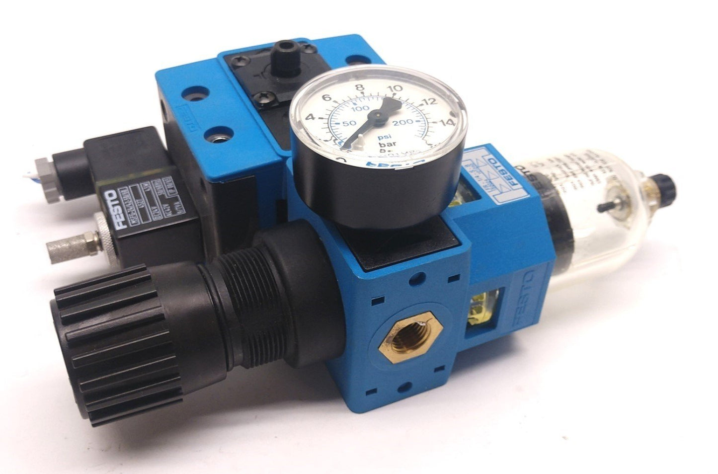 Used Festo 14329 MFHE-3-1/4 Solenoid Valve With LFR-1/4-S-B Filter Fittings: 1/4" NPT