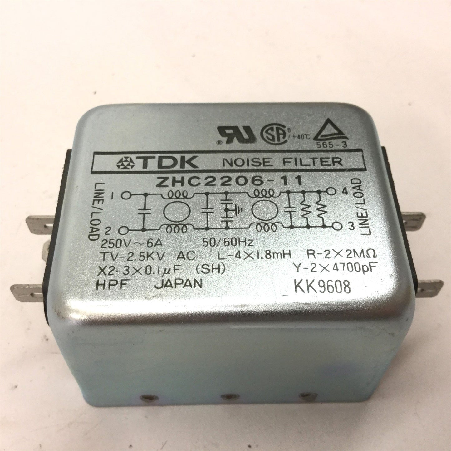 Used TDK ZHC2206-11 Noise Filter, Rating: 250VAC 6A 50/60Hz, High Pot 2.5kVAC