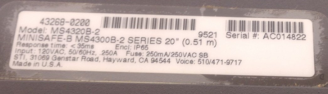 Used STI MiniSafe-B 43268-0200 MS4300B-2 Series 20" Light Curtain Controller