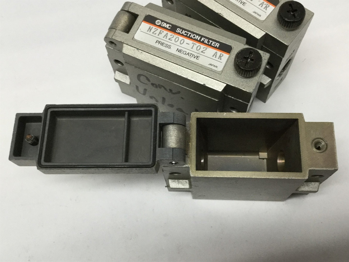 Used Lot of 3 SMC NZFA200-T02 Vacuum Filters 1/4NPT, -100 to 0 kPa *Missing Element*
