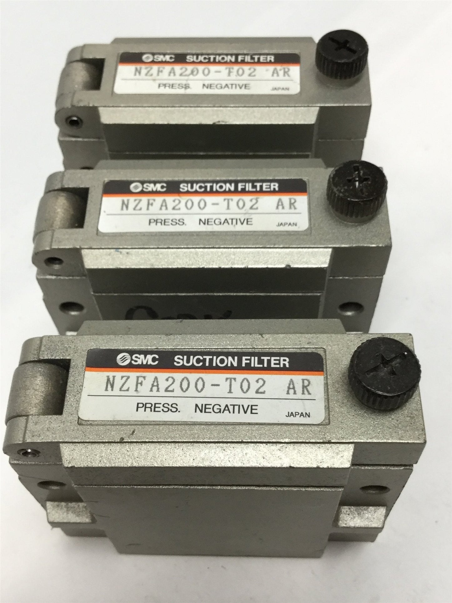 Used Lot of 3 SMC NZFA200-T02 Vacuum Filters 1/4NPT, -100 to 0 kPa *Missing Element*