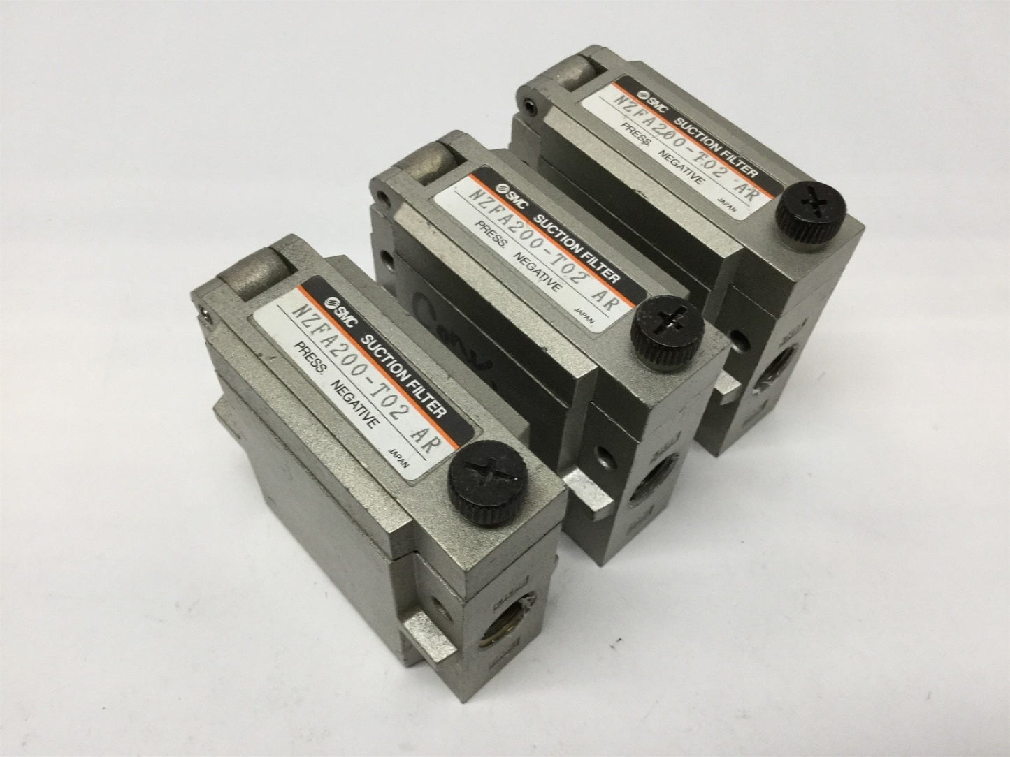 Used Lot of 3 SMC NZFA200-T02 Vacuum Filters 1/4NPT, -100 to 0 kPa *Missing Element*