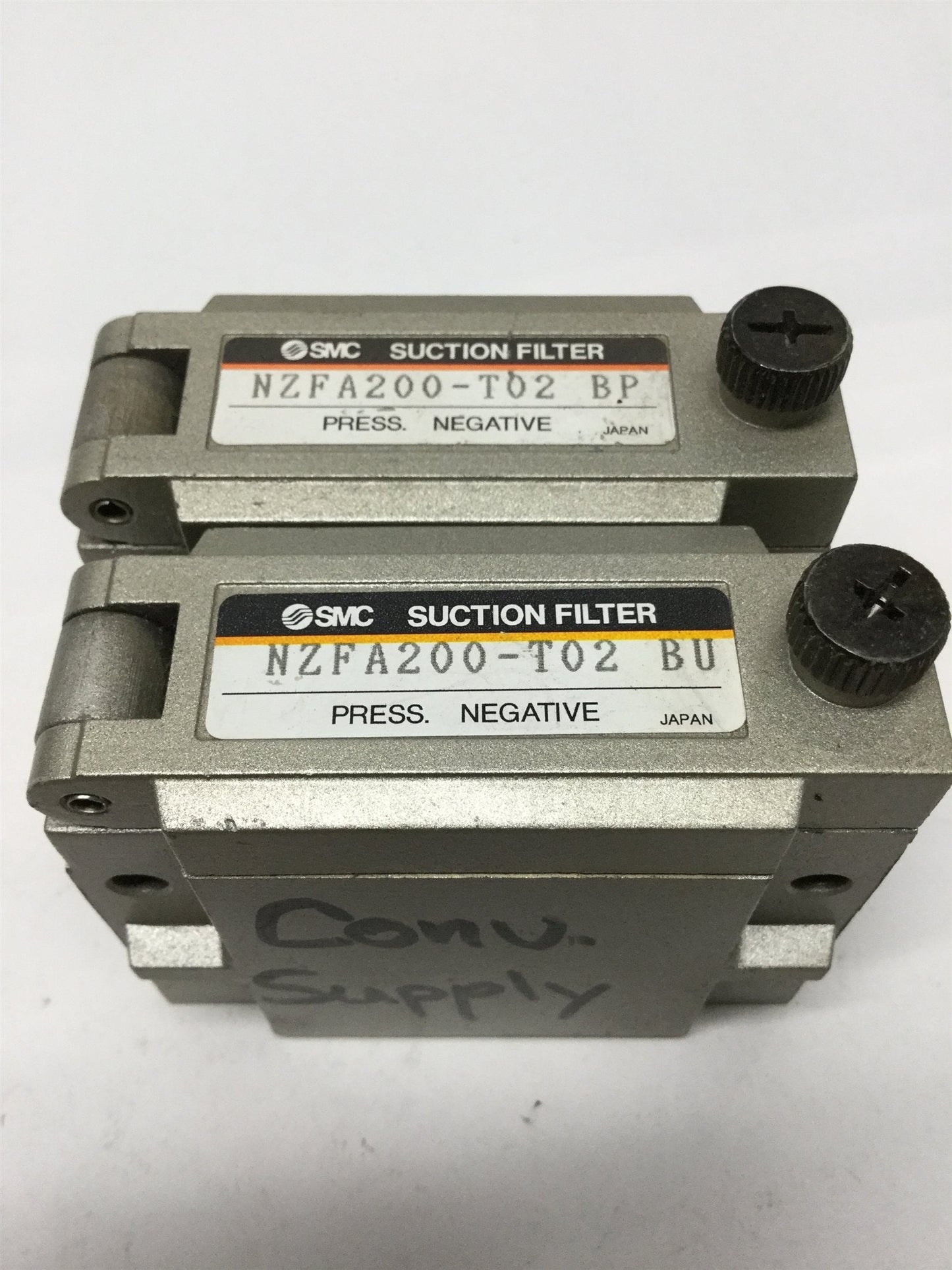 Used Lot of 2 SMC NZFA200-T02 Vacuum Suction Filters 1/4NPT, -100 to 0 kPa, 30µm