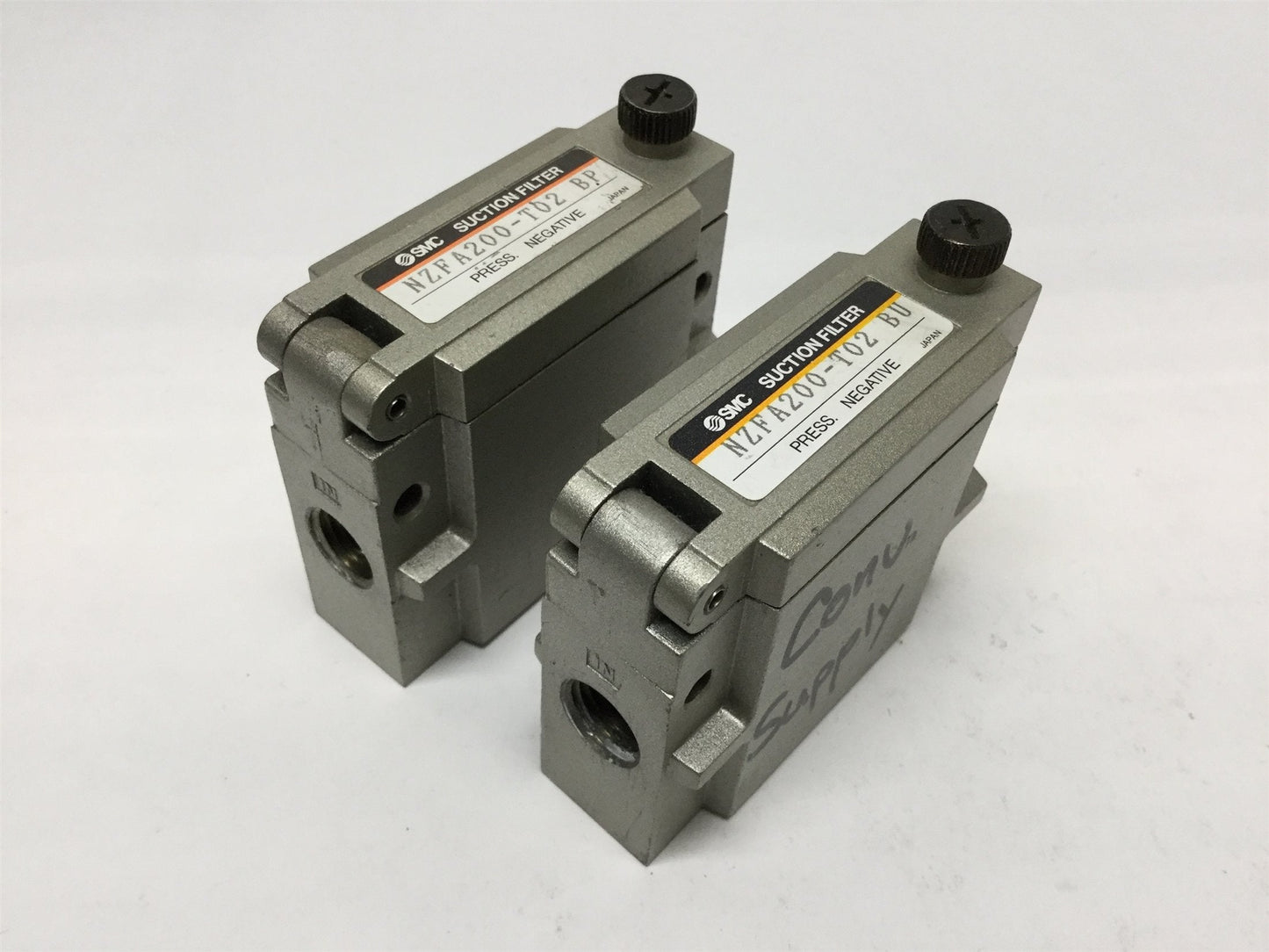 Used Lot of 2 SMC NZFA200-T02 Vacuum Suction Filters 1/4NPT, -100 to 0 kPa, 30µm