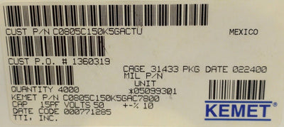 New Lot of 4000 Kemet C0805C150K5GACTU Multilayer Ceramic Capacitor 15pF ±10% 50V