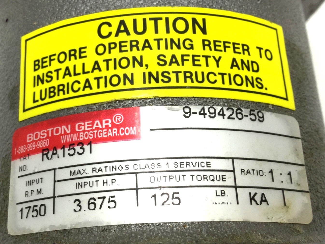 Used Boston Gear RA1531 Spiral Bevel Gear Right-90, Ratio: 1:1 In: 3.675HP 1750 RPM