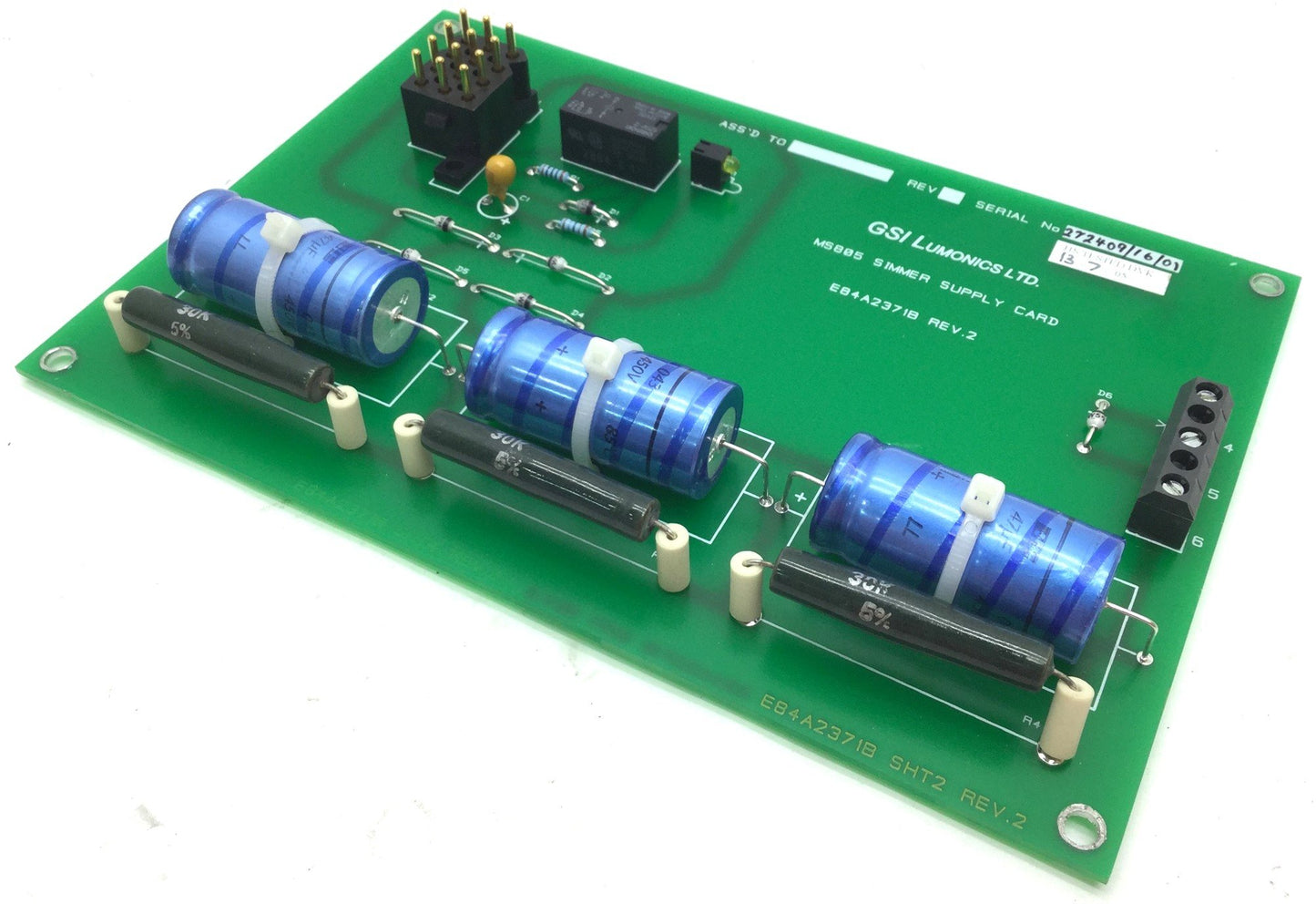 Used JK Lasers E84A2371B Rev 2 Simmer Supply Card, 3 Screw Terminal, 3 Caps 450V 47µF