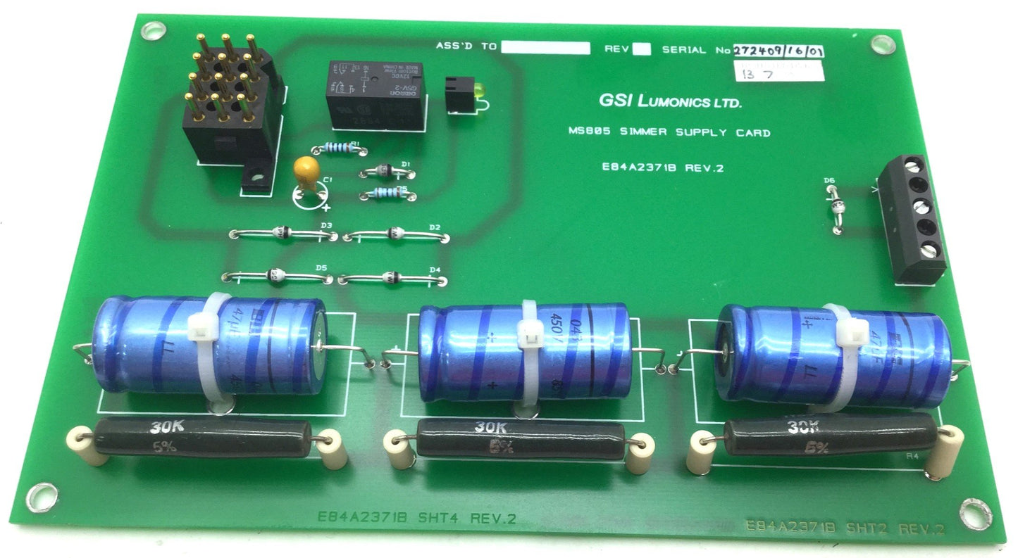 Used JK Lasers E84A2371B Rev 2 Simmer Supply Card, 3 Screw Terminal, 3 Caps 450V 47µF