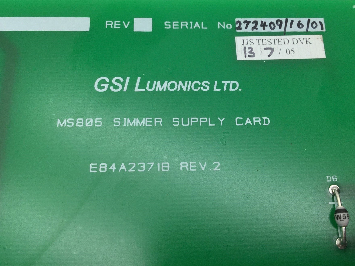 Used JK Lasers E84A2371B Rev 2 Simmer Supply Card, 3 Screw Terminal, 3 Caps 450V 47µF