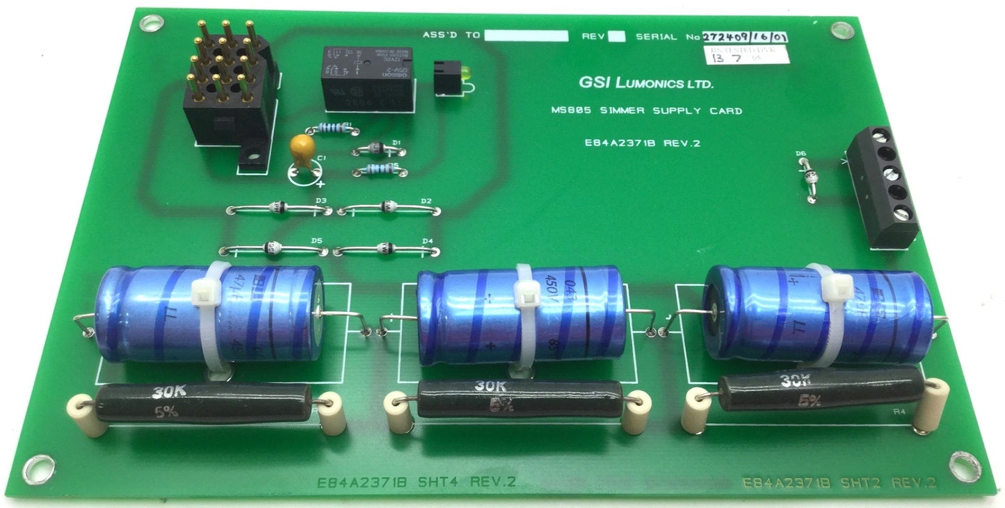 Used JK Lasers E84A2371B Rev 2 Simmer Supply Card, 3 Screw Terminal, 3 Caps 450V 47µF