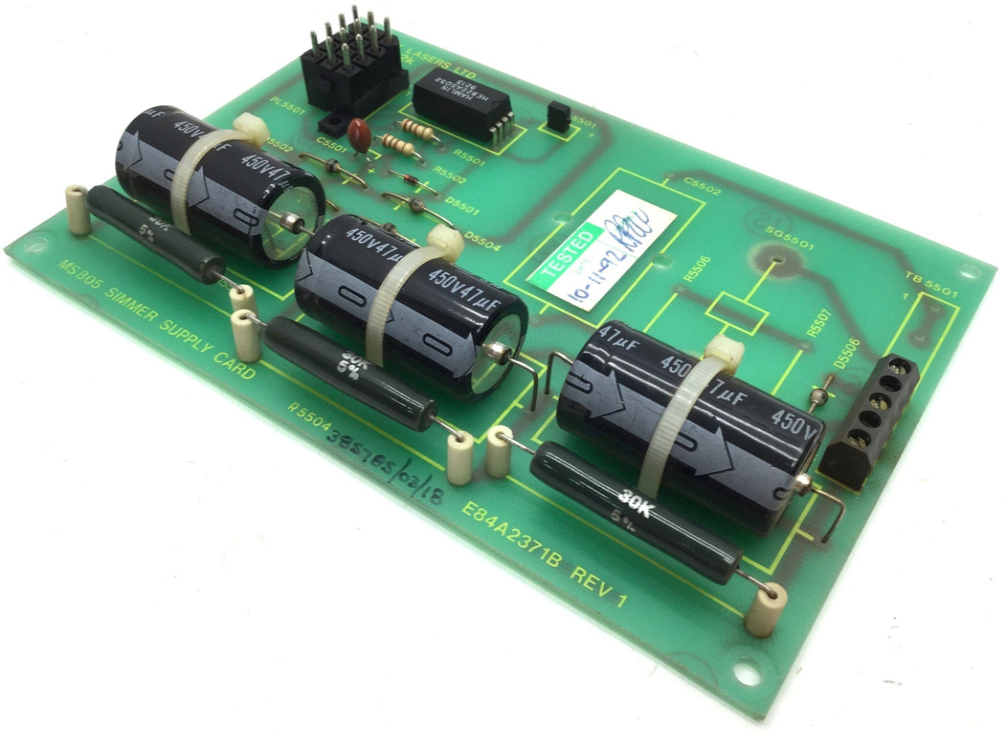 Used JK Lasers E84A2371B Rev 1 Simmer Supply Card 47µF, 3 Screw Terminal, 3 Caps 450V