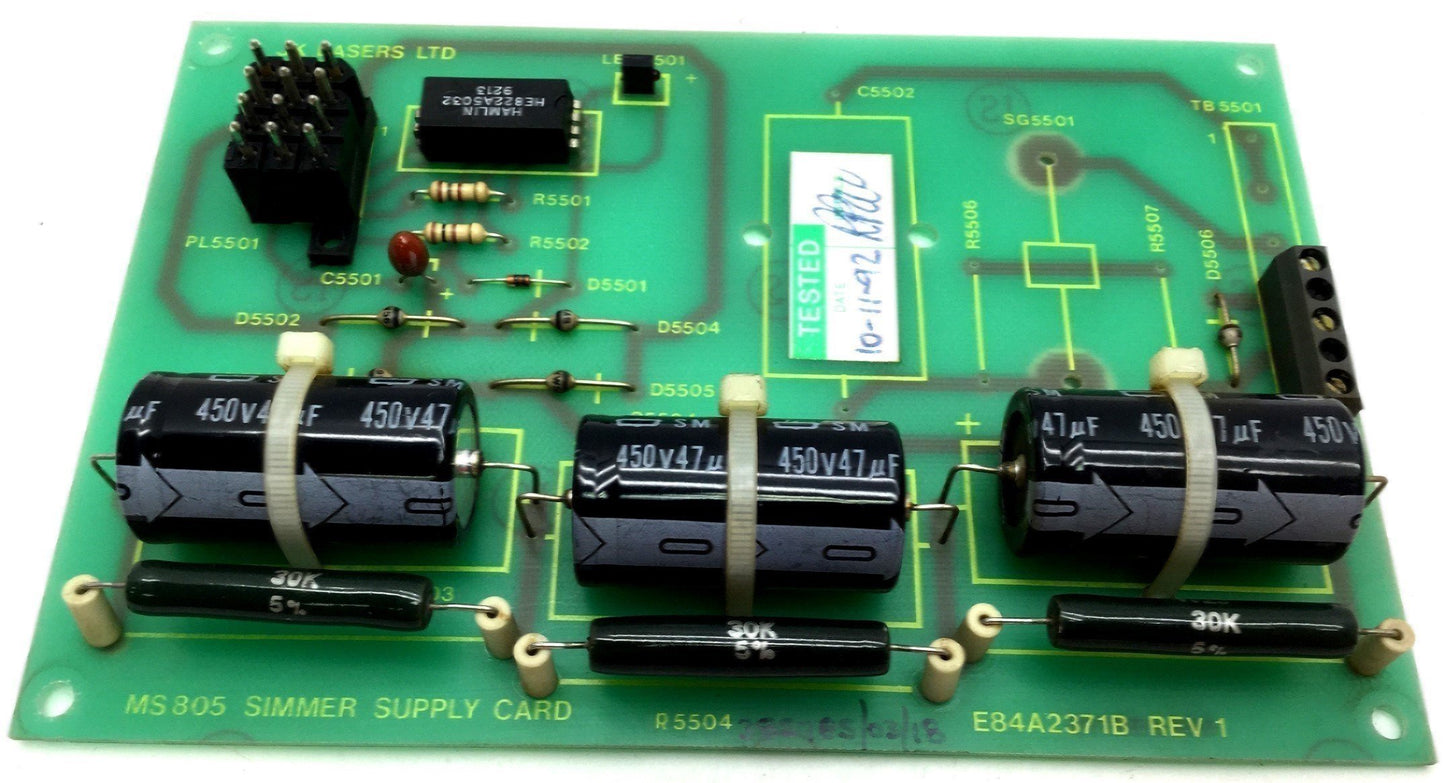 Used JK Lasers E84A2371B Rev 1 Simmer Supply Card 47µF, 3 Screw Terminal, 3 Caps 450V
