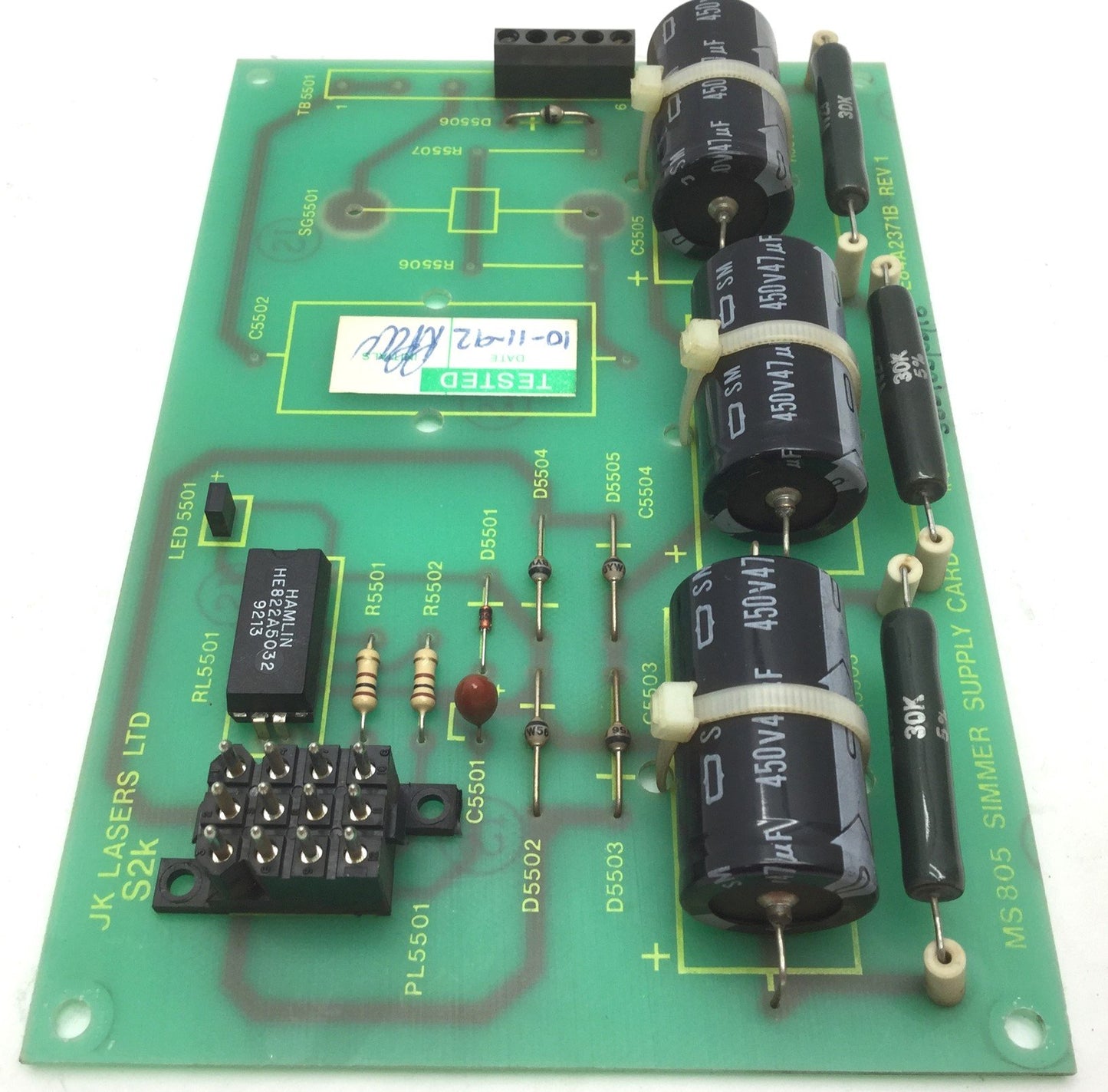 Used JK Lasers E84A2371B Rev 1 Simmer Supply Card 47µF, 3 Screw Terminal, 3 Caps 450V