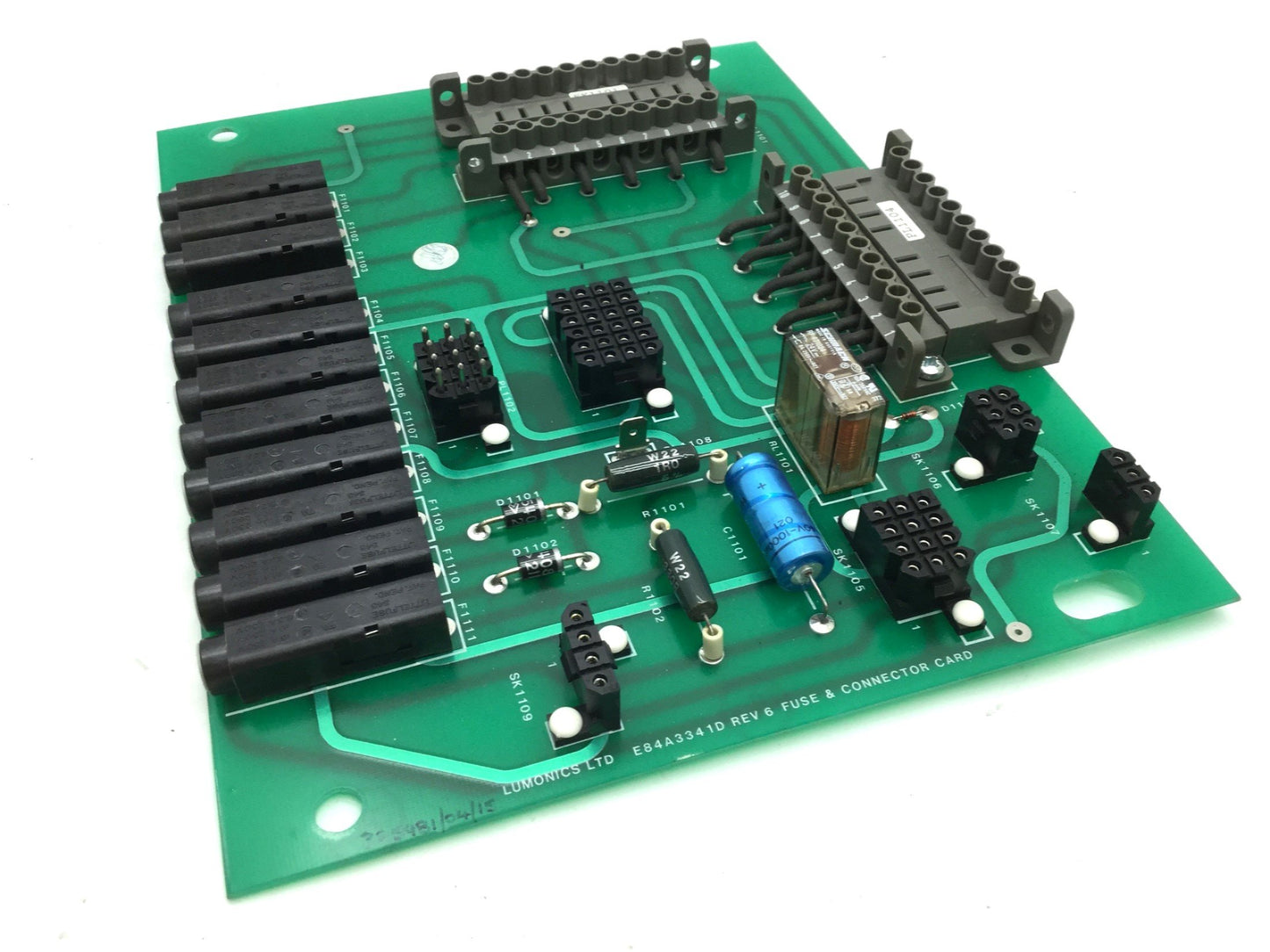 Used Lumonics E84A3341D Rev 6 Fuse and Connector Card, 11x Fuse Holders, 415V Fuses
