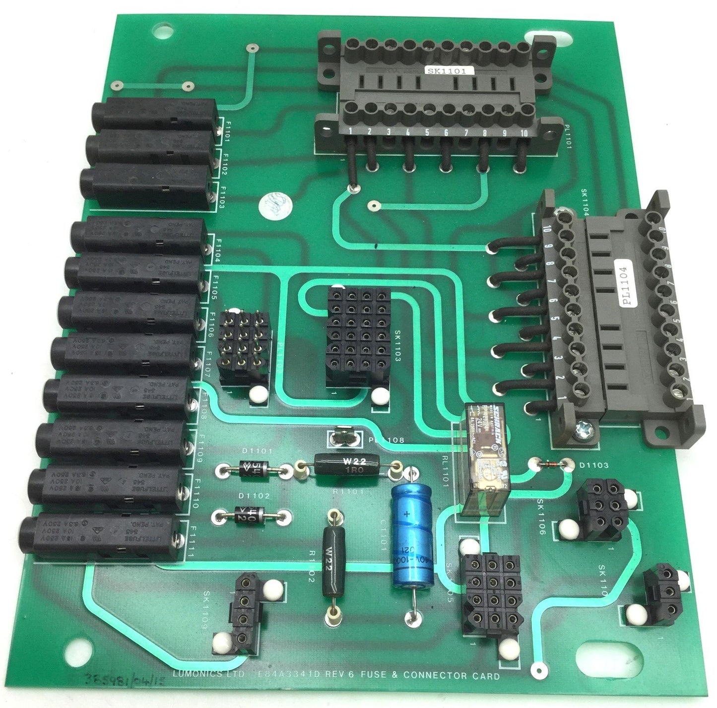 Used Lumonics E84A3341D Rev 6 Fuse and Connector Card, 11x Fuse Holders, 415V Fuses